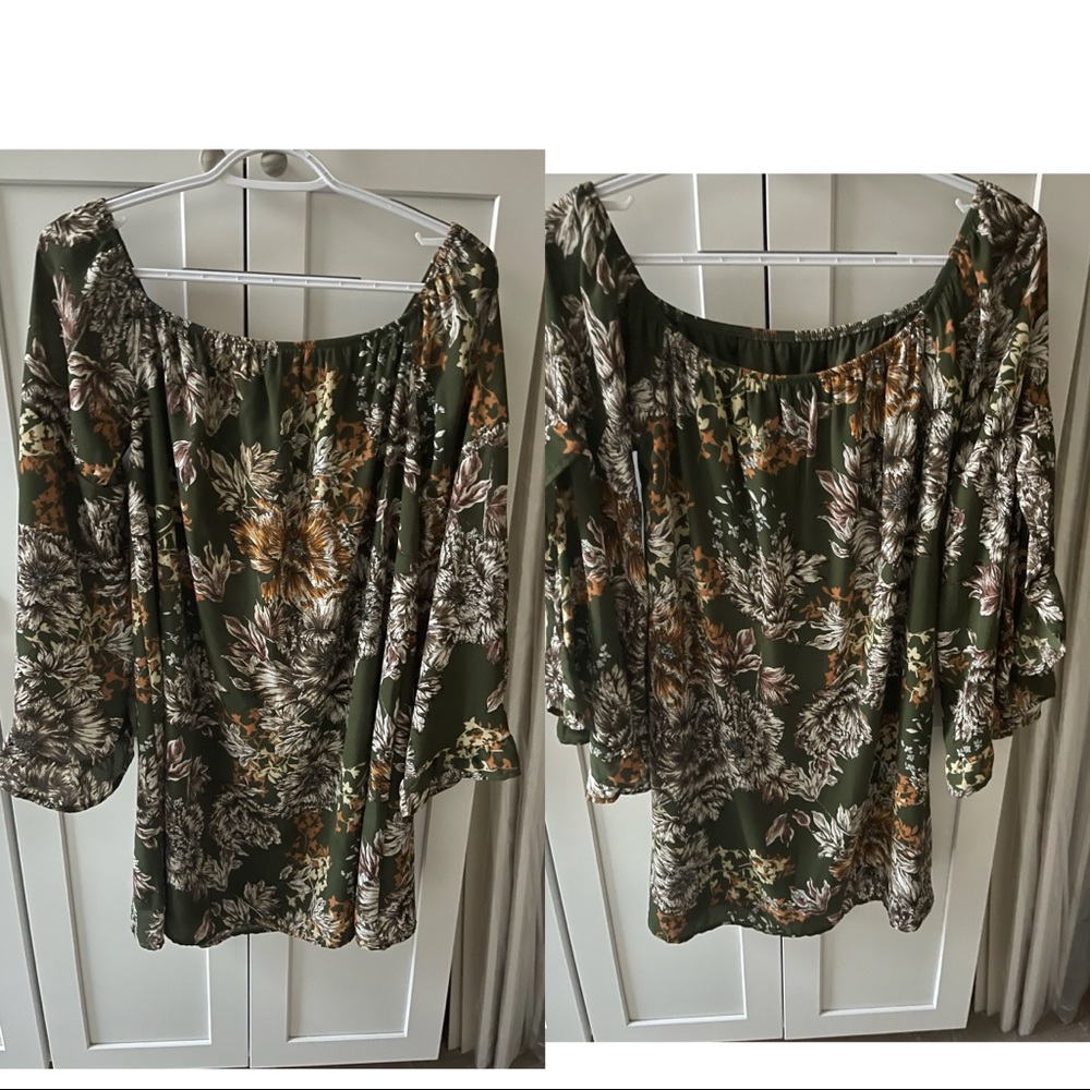 Altar’s State green floral off the shoulder dress